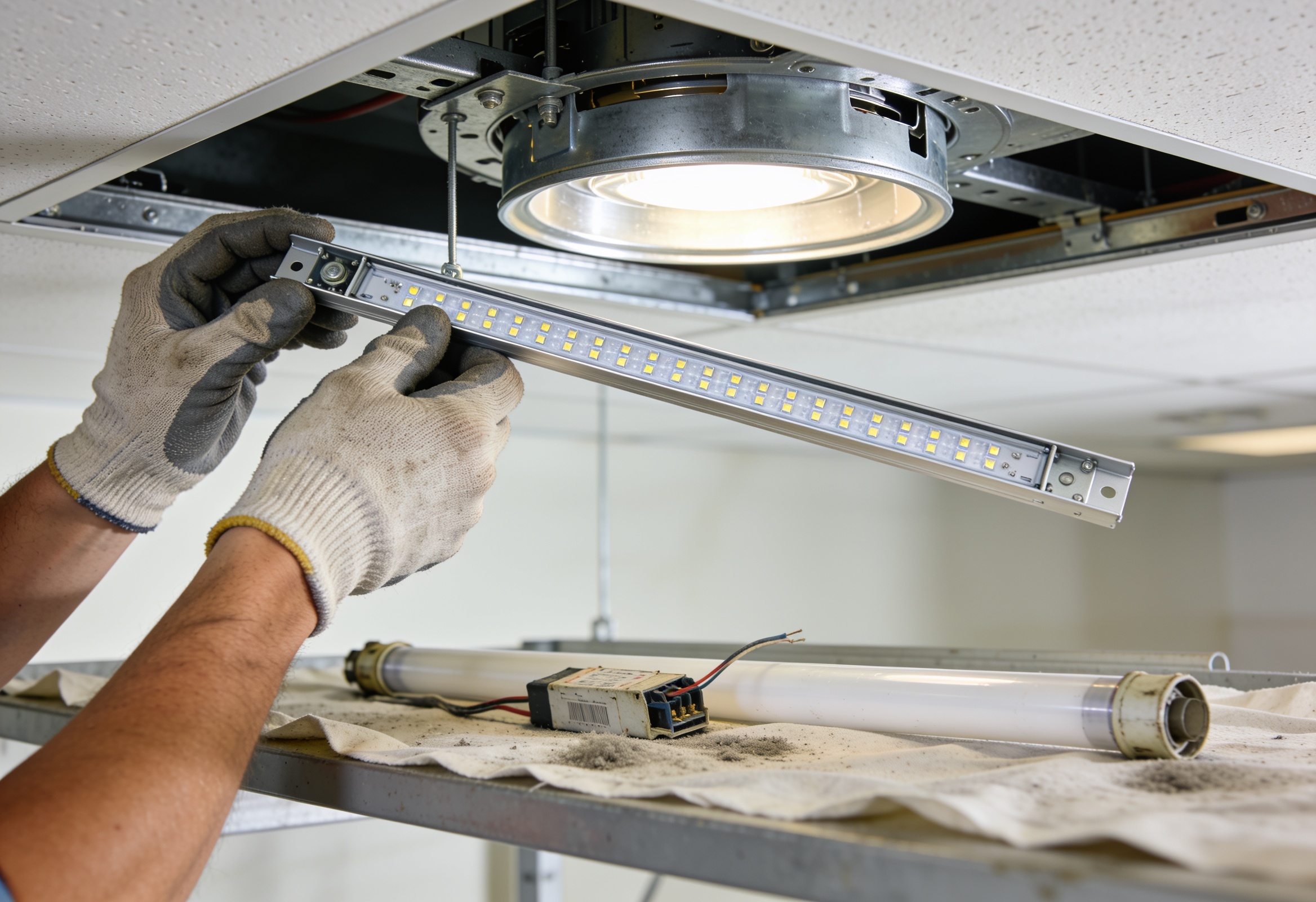 Engineer fitting a drop-in LED gear tray into the housing of an existing ceiling luminaire