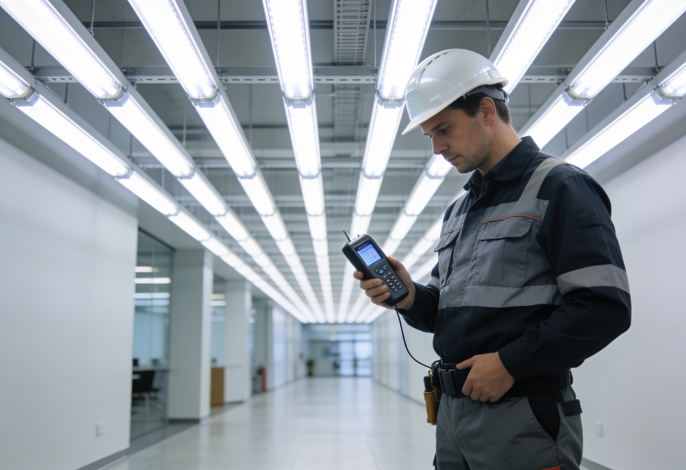 Facilities engineer taking light-meter readings beneath newly installed LED battens during a verification survey