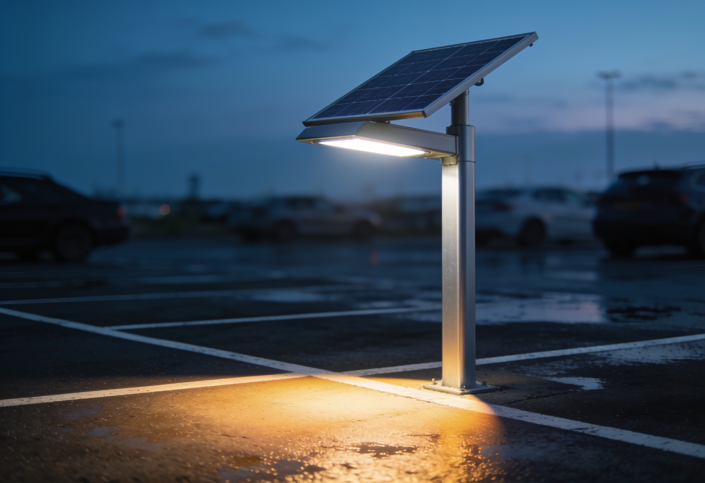 Stand-alone solar street light illuminating a commercial car park at dusk