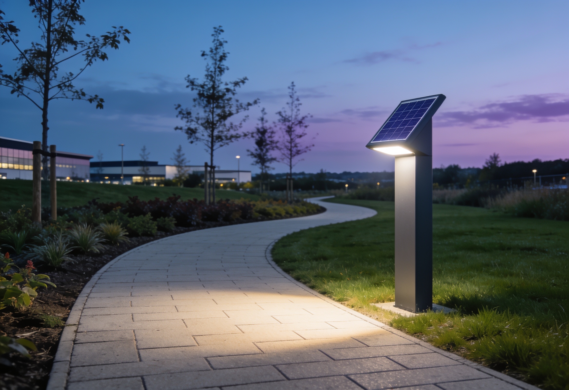 Solar lighting column beside a landscaped pathway at twilight