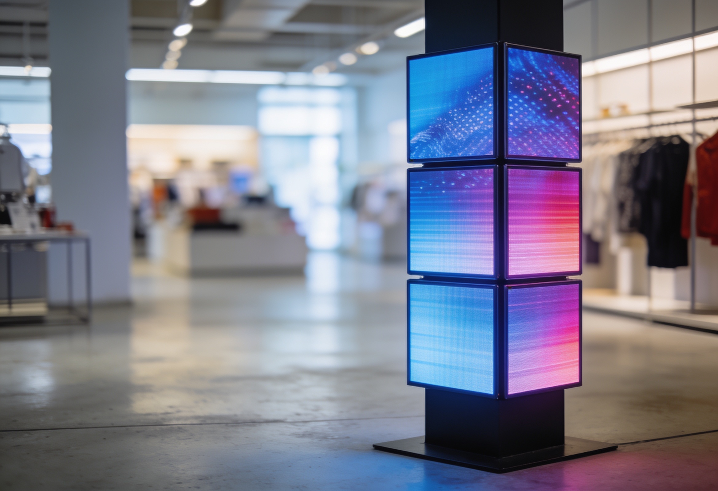 Modular LED video cubes stacked into a glowing freestanding totem in a retail interior