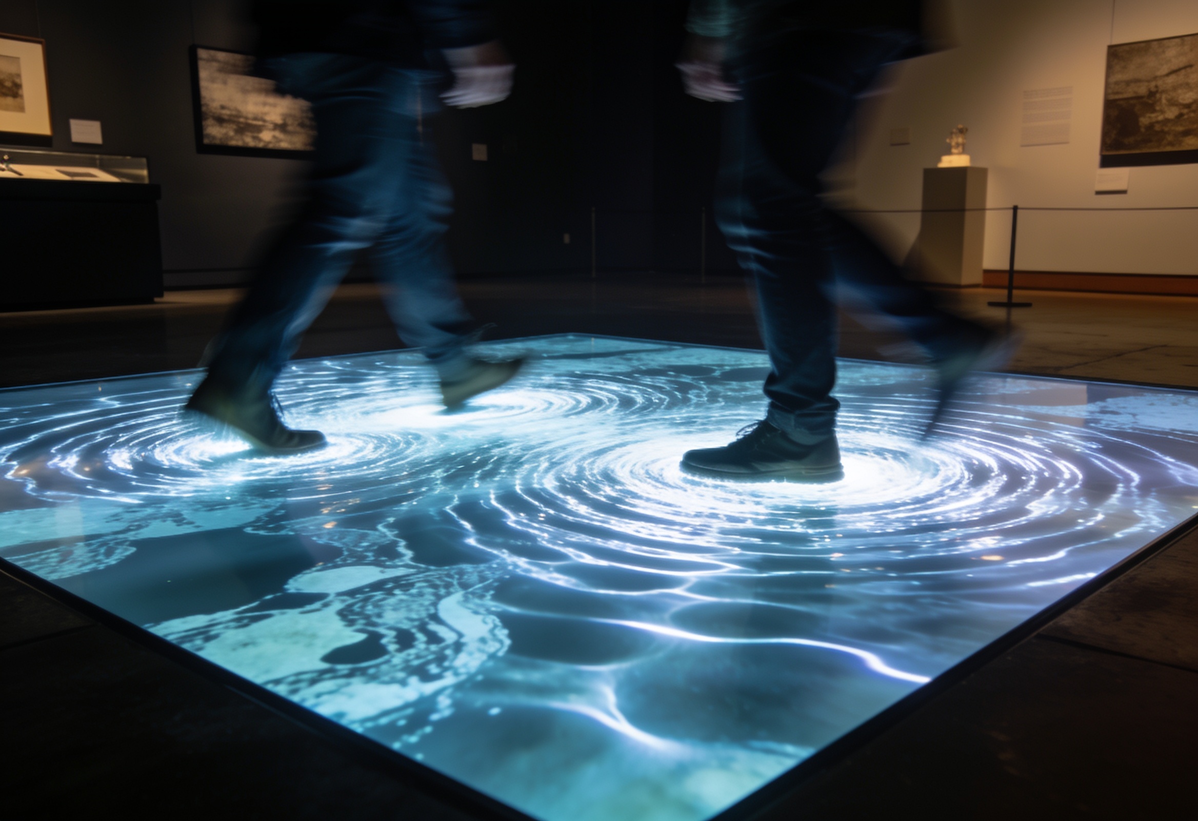 Interactive LED floor glowing with rippling light around the feet of visitors in a gallery space